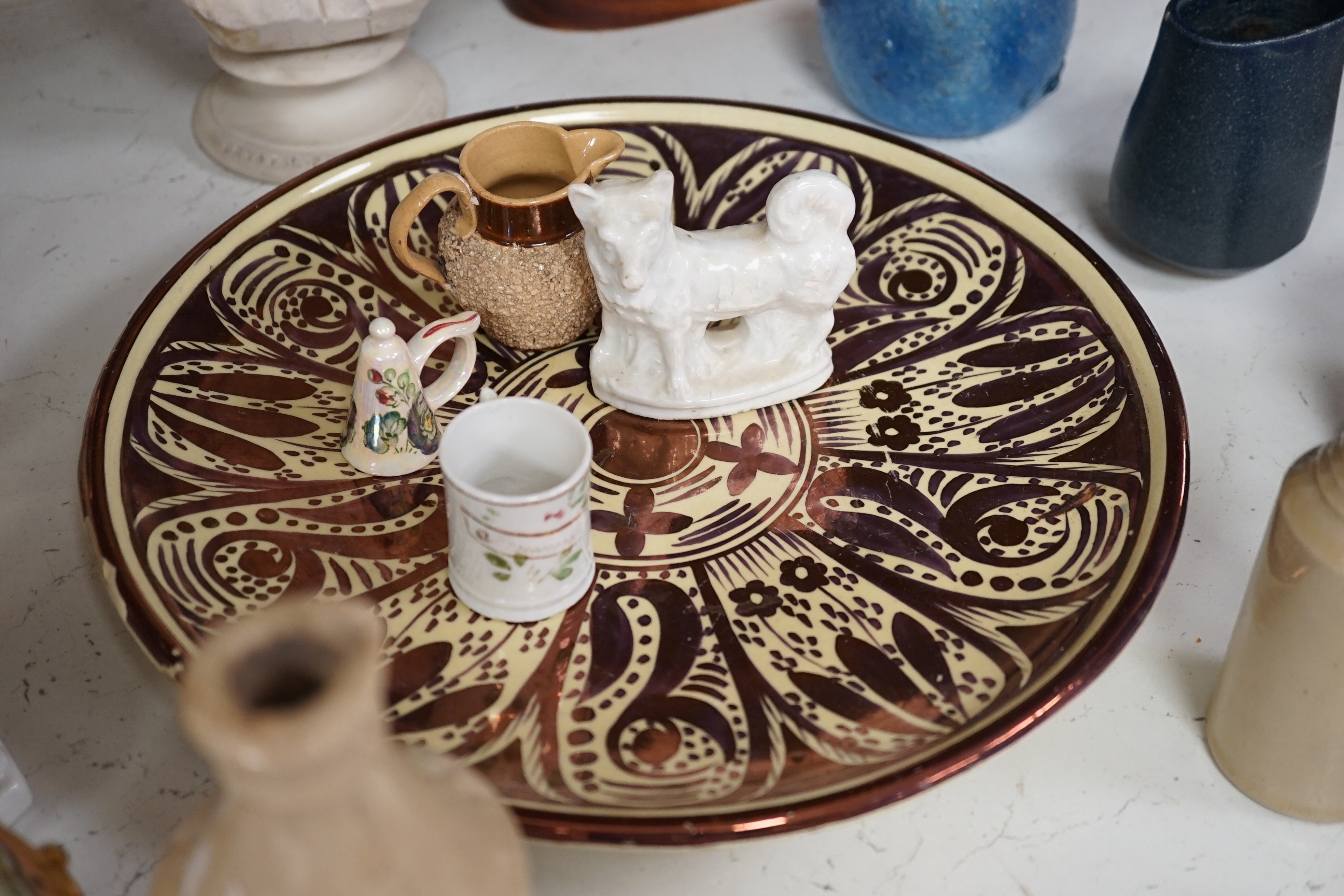 Mixed ceramics to include Copeland Parian Ophelia (a.f.) studio pottery, storage bottles, also to include a glass vase, glass vase 20cms high